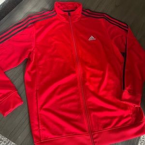 Adidas track jacket. Red with black stripes, Men’s size large.